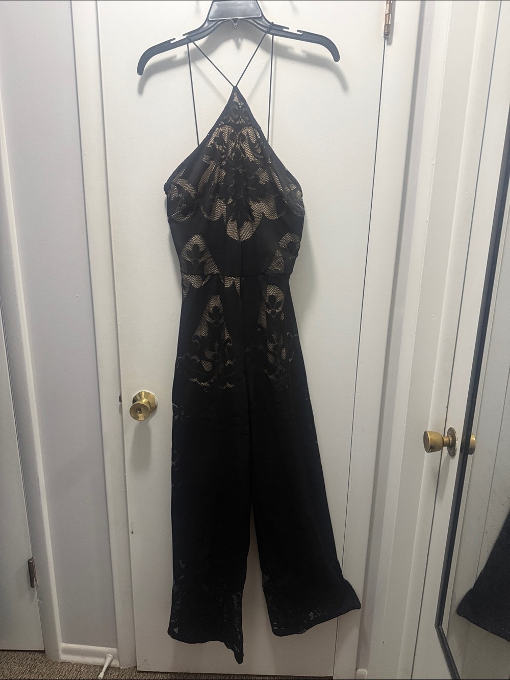 Va Va Voom Black and Gold Lace Halter Jumpsuit